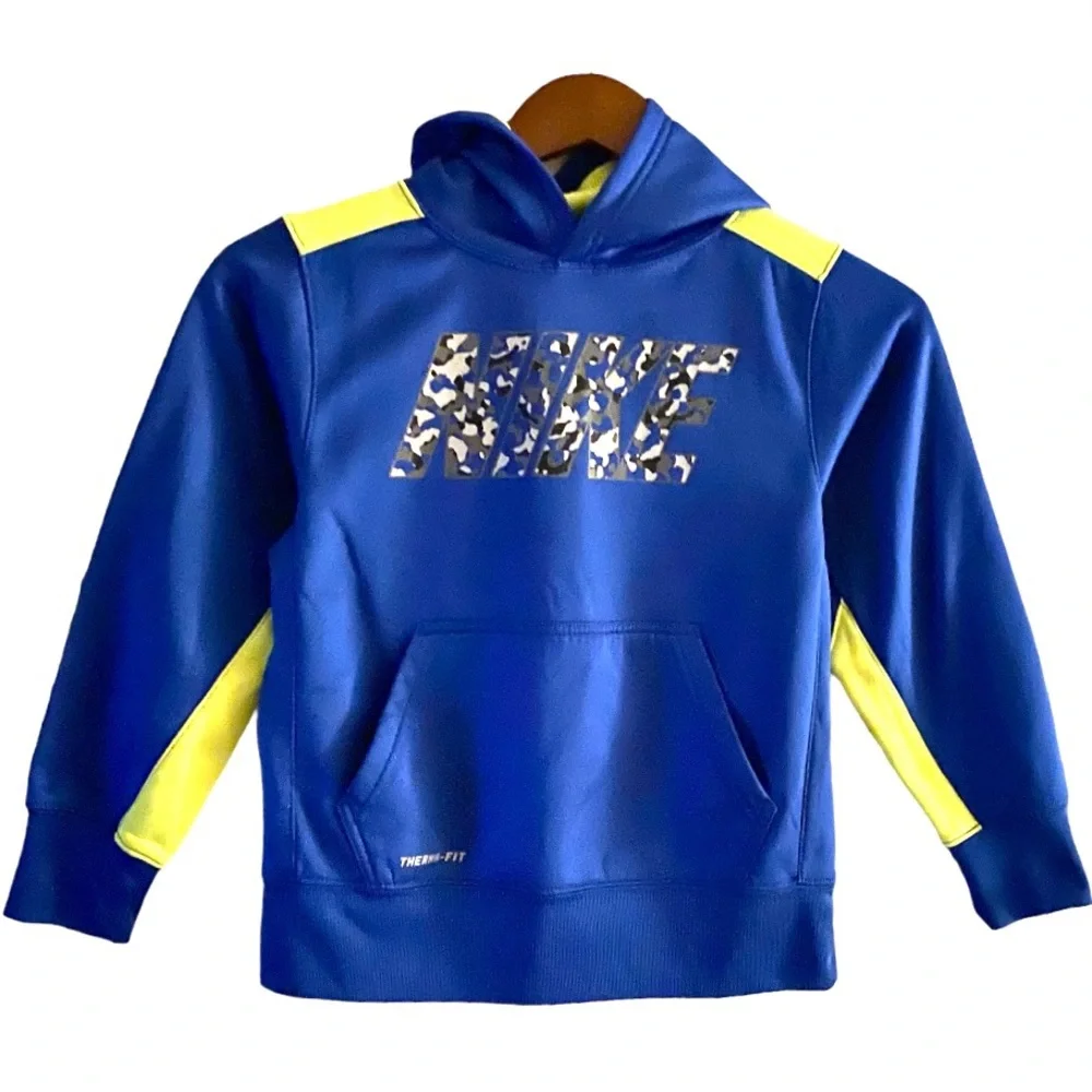 Nike Camo Graphic SpellOut Therma-Fit Blue Pullover Hoodie Athletic Sweatshirt S